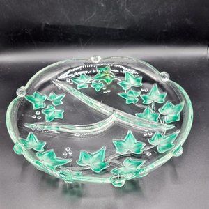 Vintage Mikasa Green Ivy Leaf Pattern Glass Divided Serving Party Dish 13"